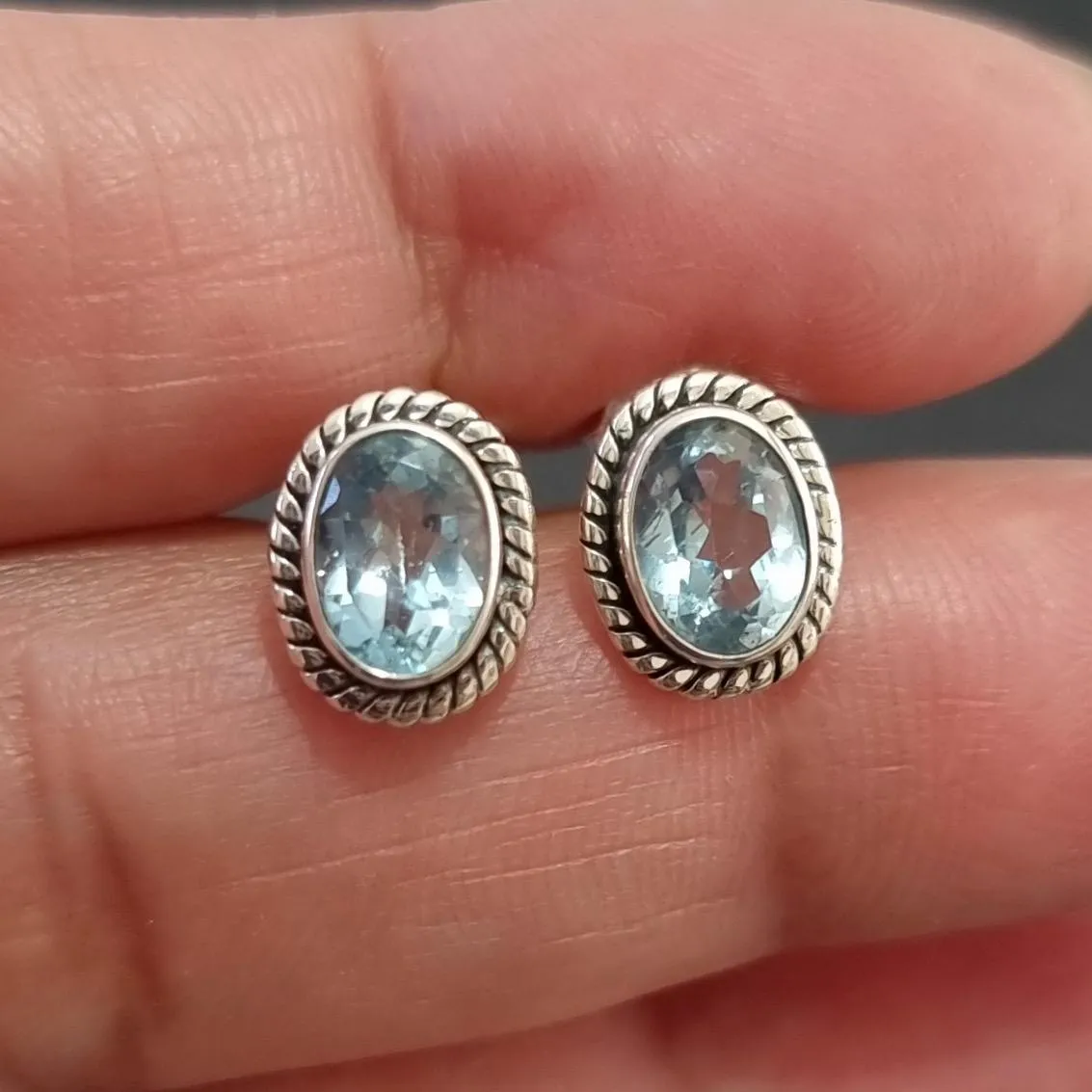 Boho Oval Blue Topaz Studs Earrings, 925 Sterling Silver, S4BT