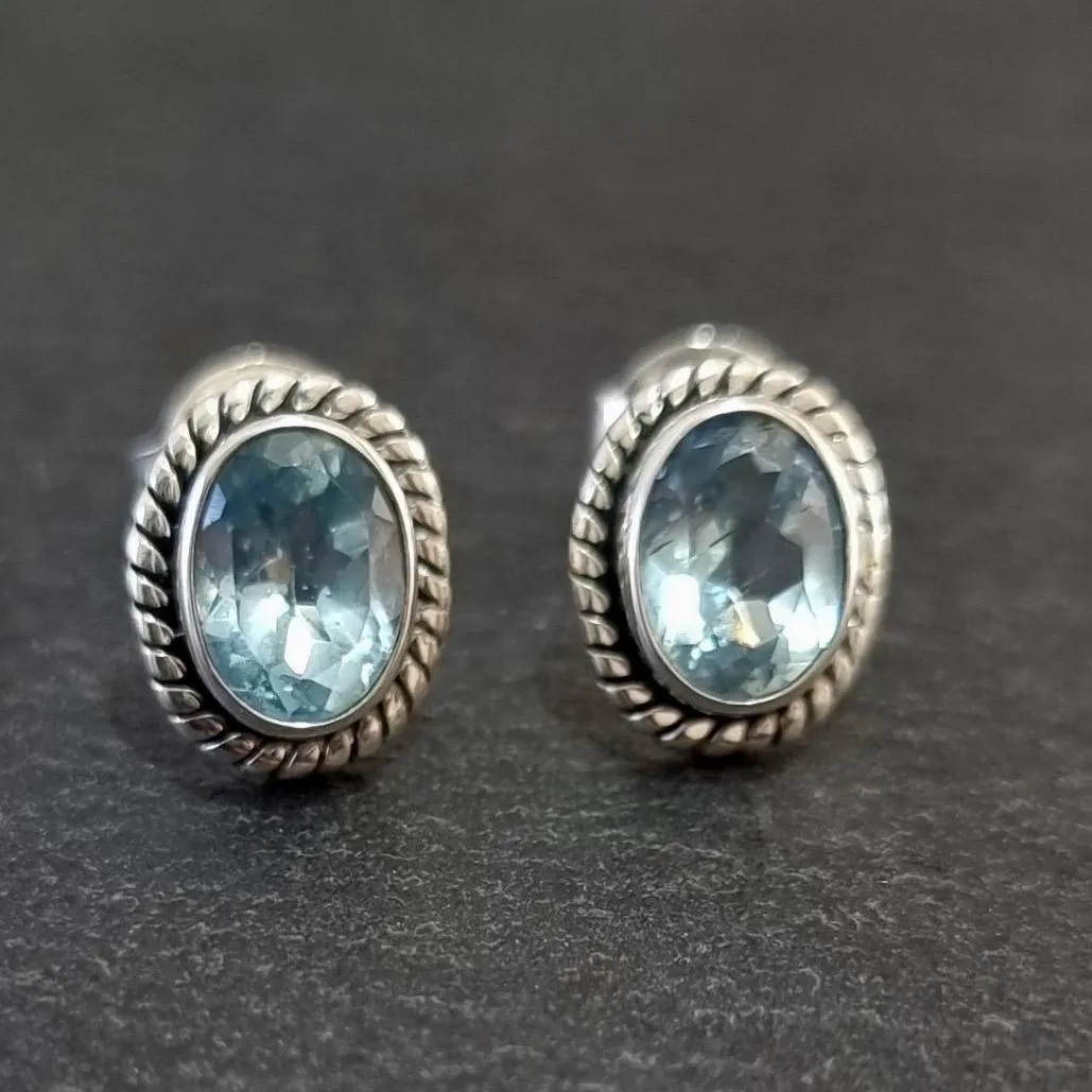 Boho Oval Blue Topaz Studs Earrings, 925 Sterling Silver, S4BT