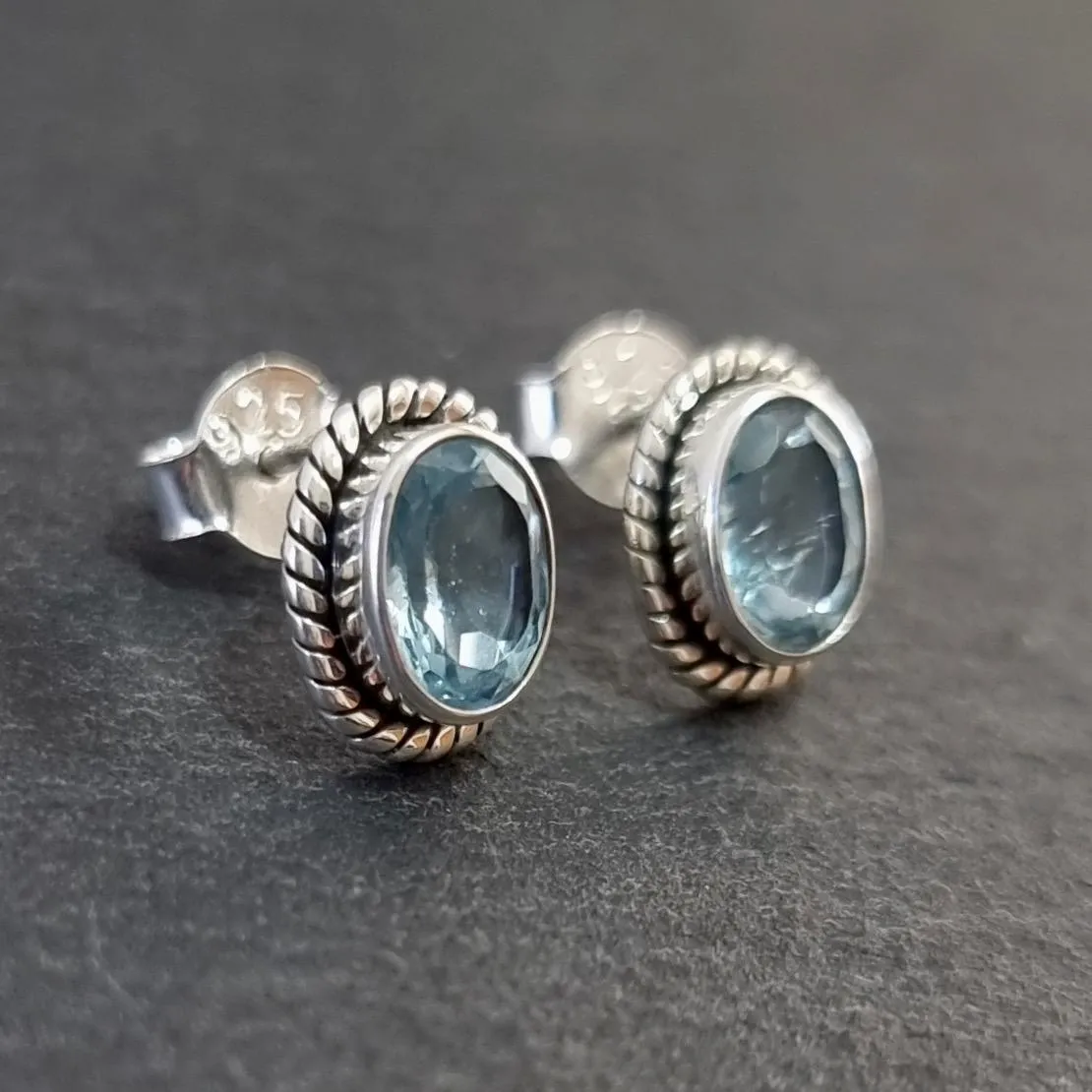 Boho Oval Blue Topaz Studs Earrings, 925 Sterling Silver, S4BT