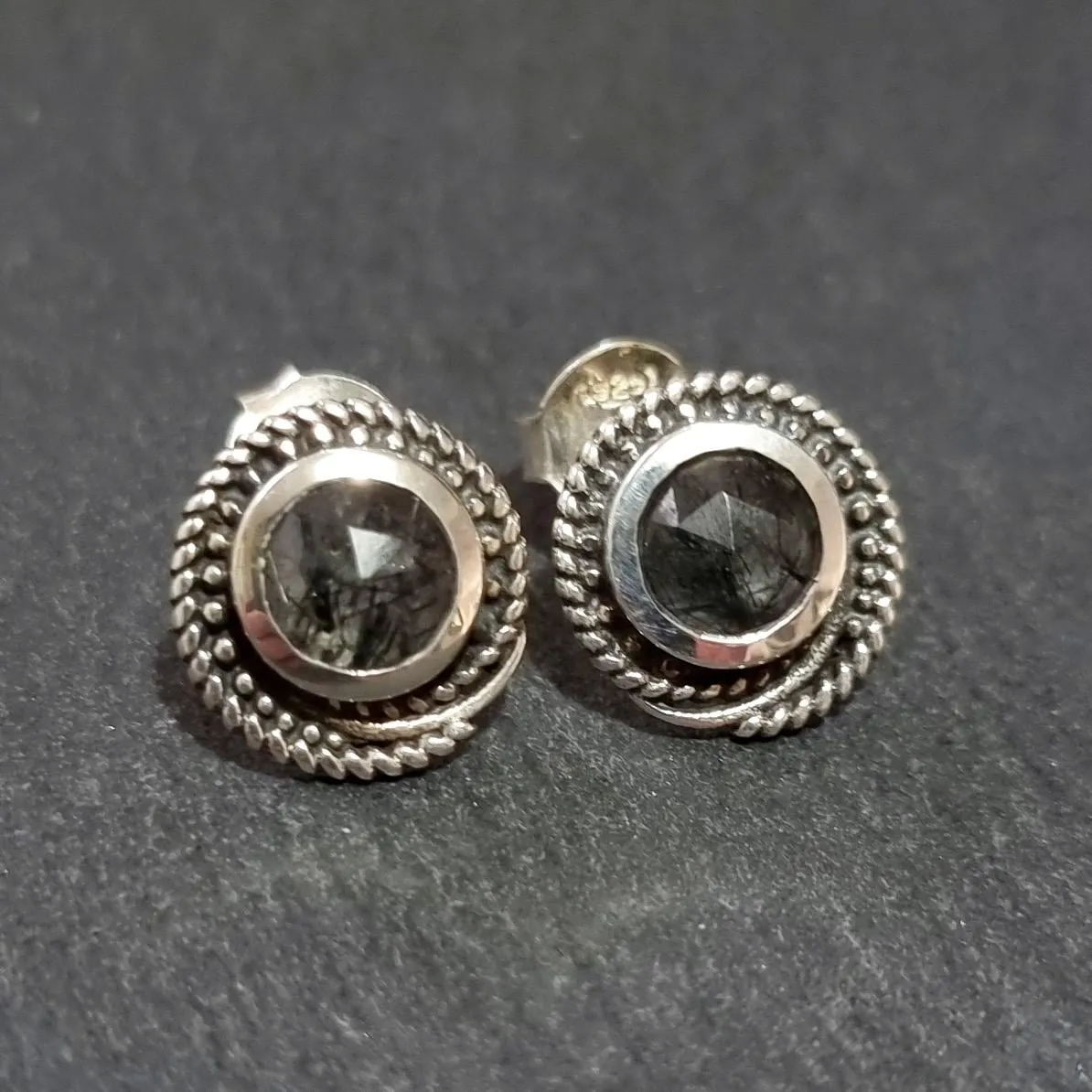 Boho Round 925 Silver Facetted Tourmalinated Quartz Stud Earrings, S18TQZ
