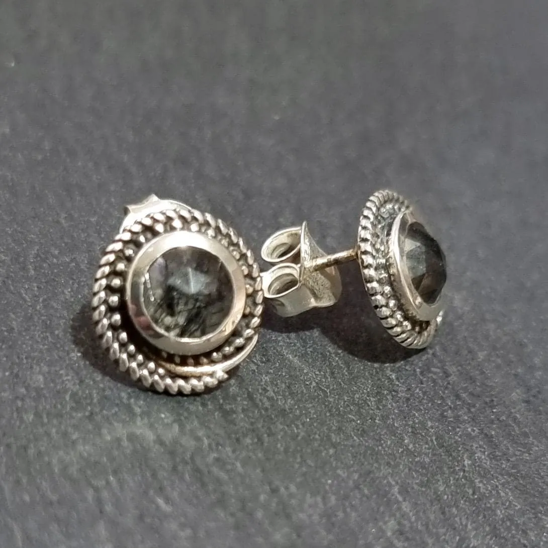 Boho Round 925 Silver Facetted Tourmalinated Quartz Stud Earrings, S18TQZ