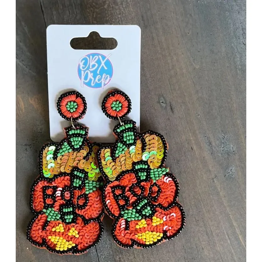 Boo Triple Pumpkins Seed Bead Dangle Earrings