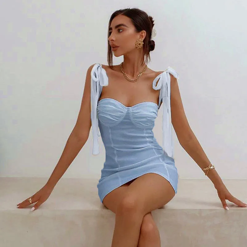 Bowknot Lace-up Strappy Sleeveless Party Bodycon Mini Dresses Blue