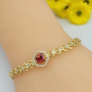 Bracelets - 14K Gold Plated. Hearts Chain Red CZ