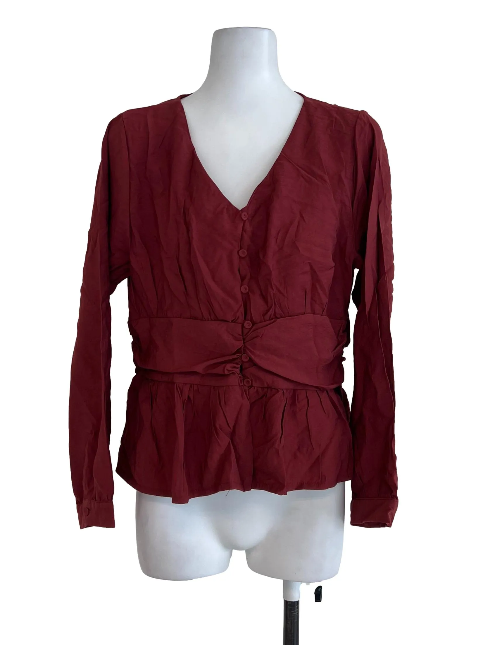 Brick Red Buttoned Ruffle Blouse