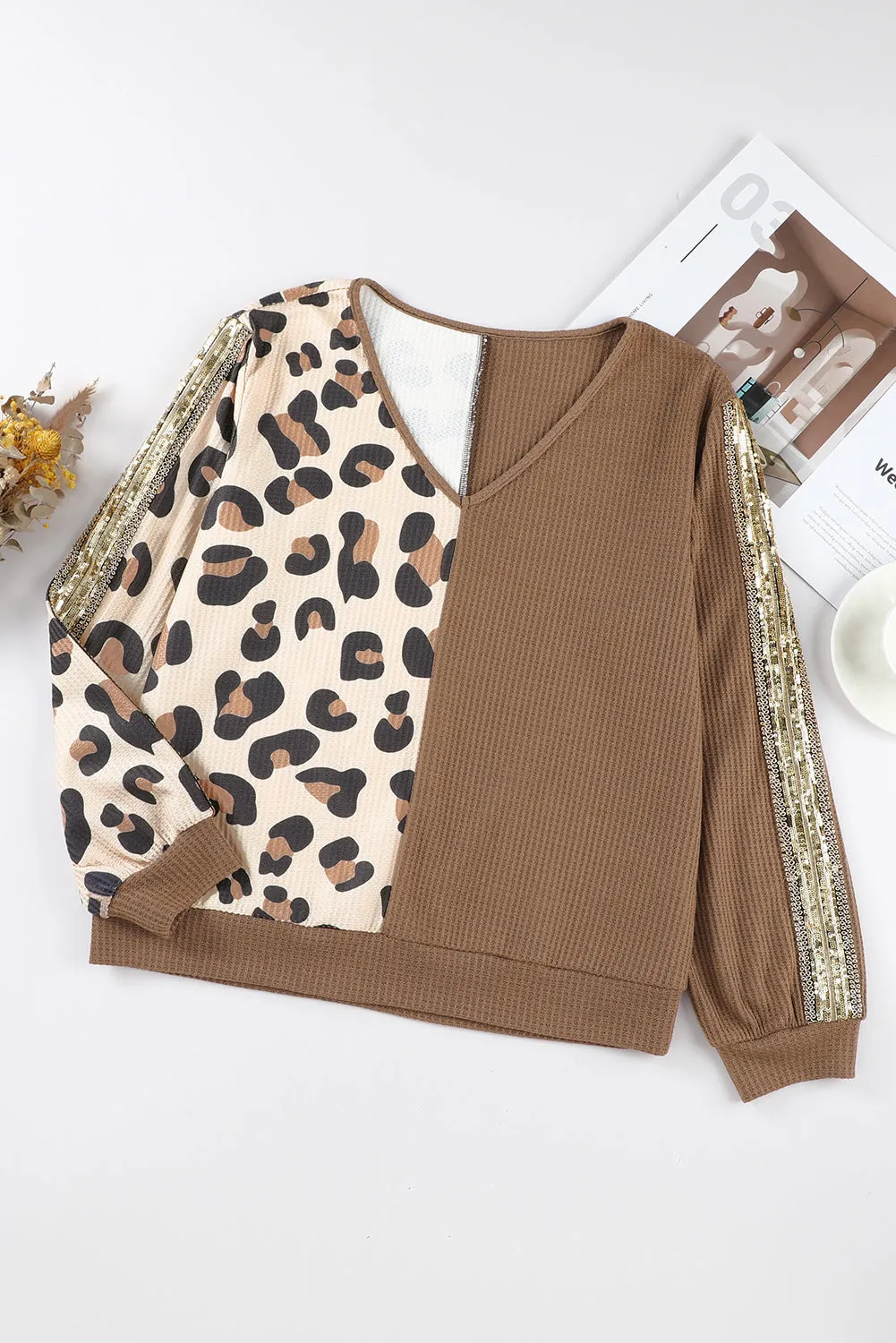 Brown Leopard Splicing Waffle Knit V Neck Top
