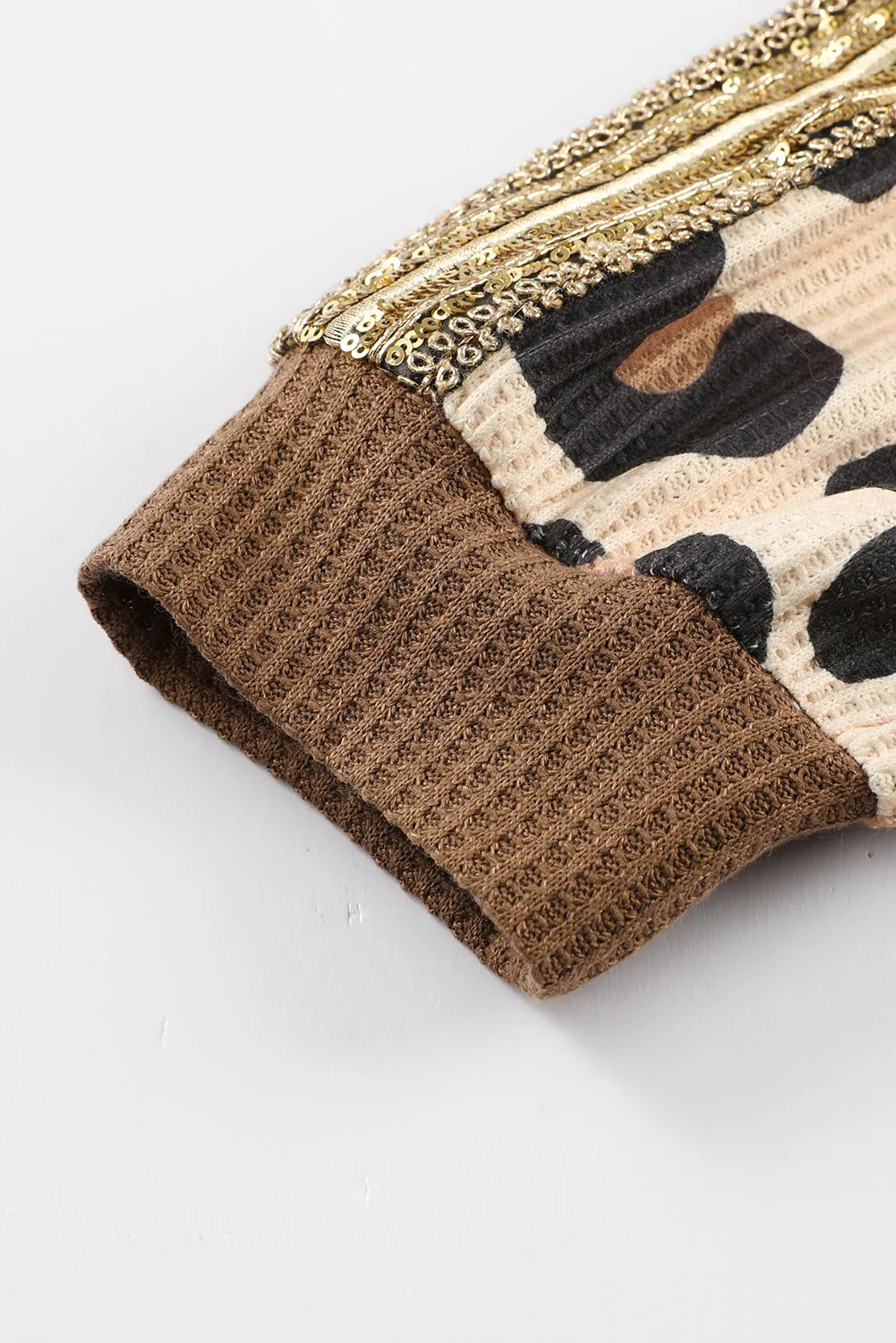 Brown Leopard Splicing Waffle Knit V Neck Top