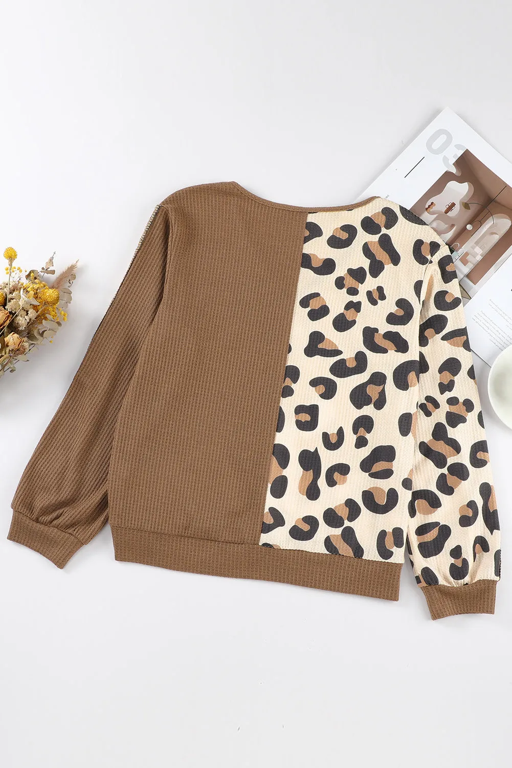 Brown Leopard Splicing Waffle Knit V Neck Top
