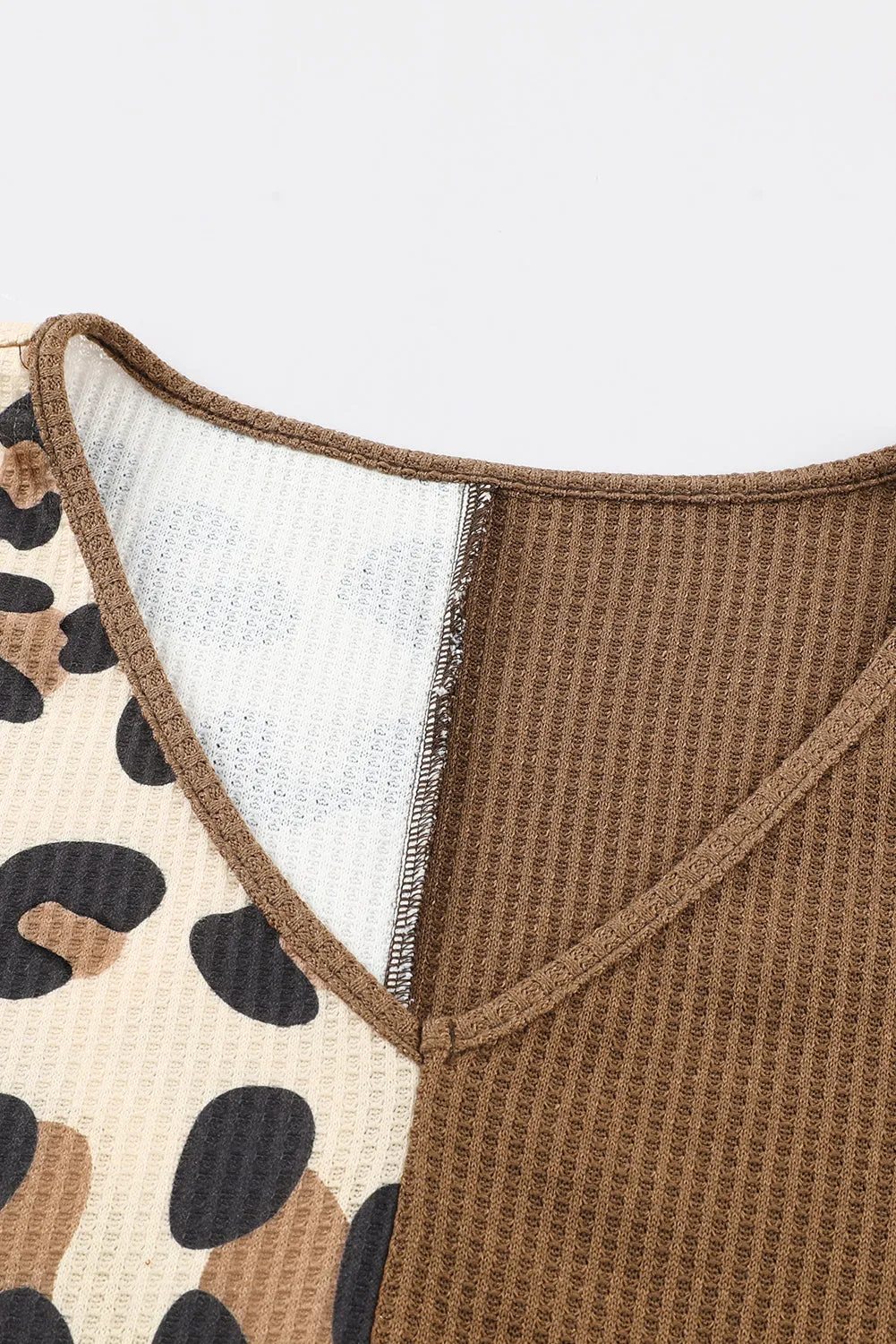 Brown Leopard Splicing Waffle Knit V Neck Top