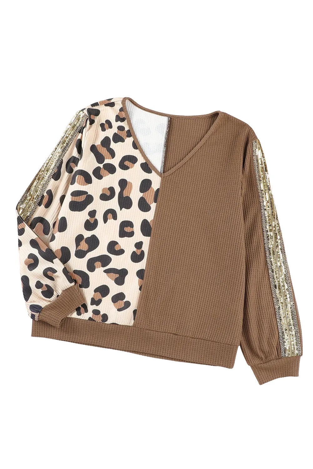 Brown Leopard Splicing Waffle Knit V Neck Top