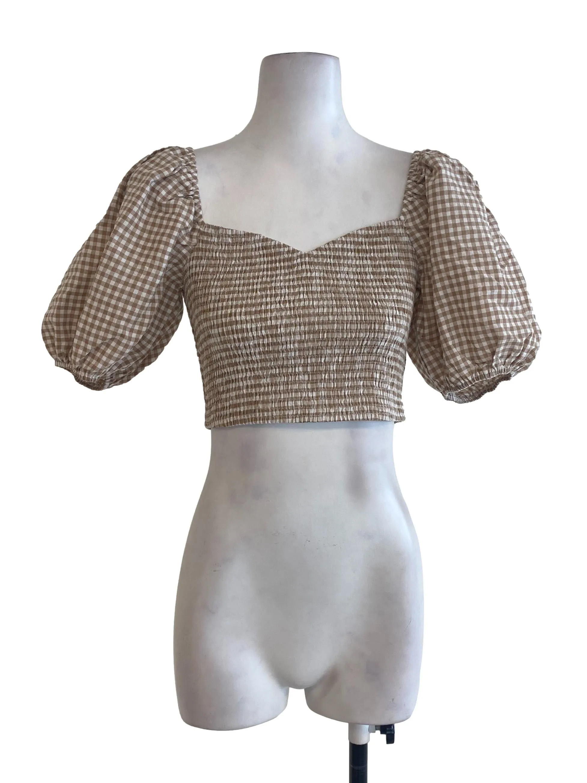Brown Plaid Puffy Sleeve Top