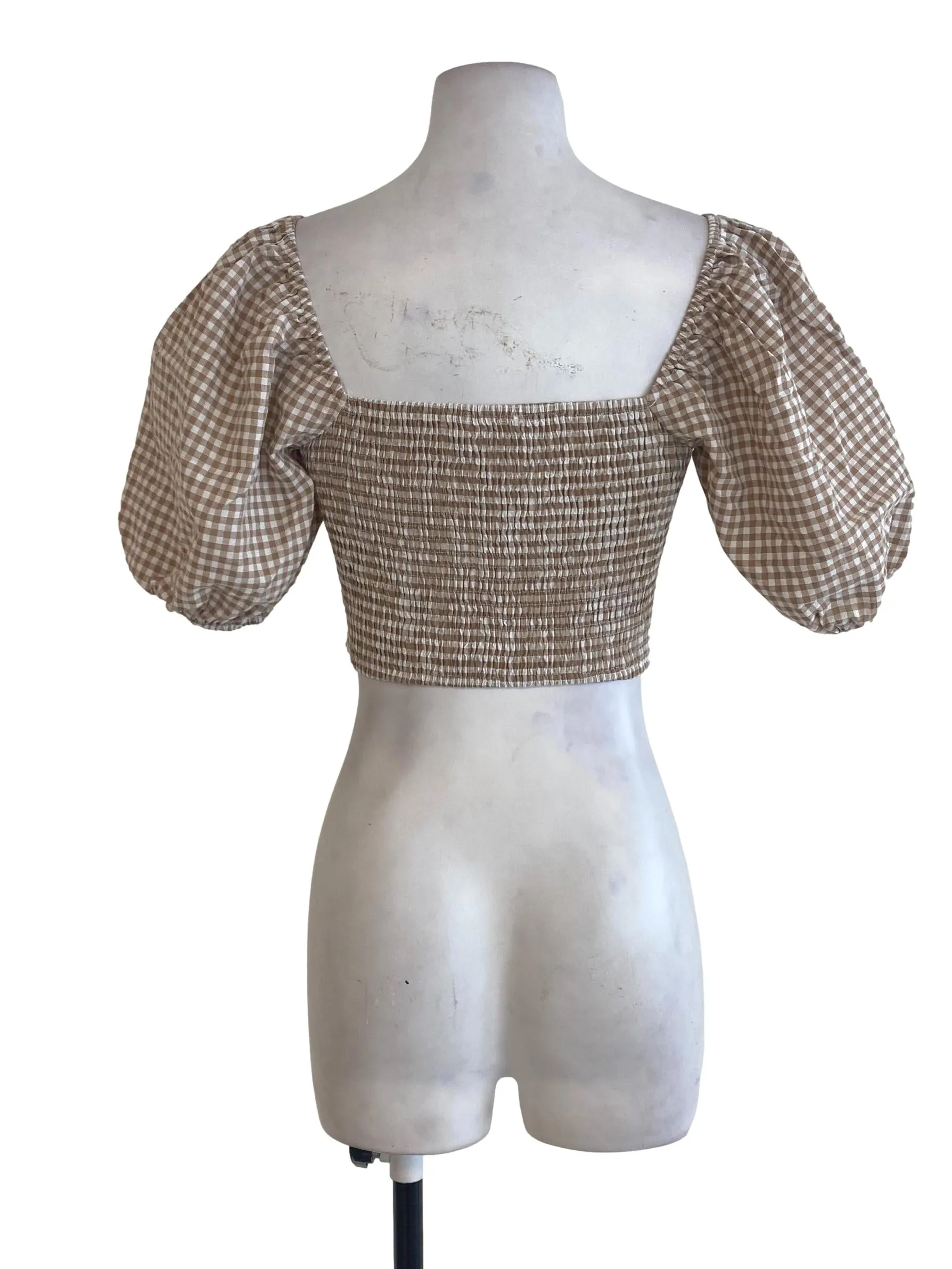 Brown Plaid Puffy Sleeve Top