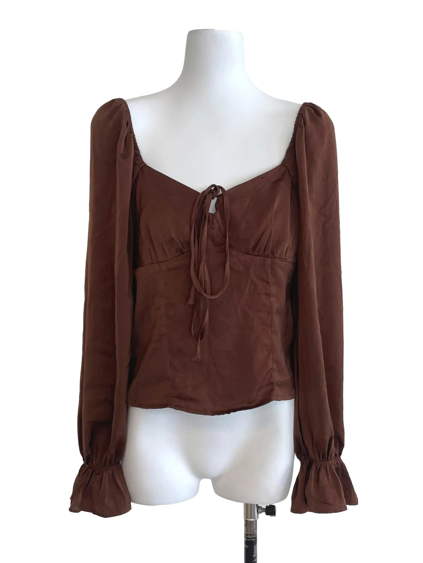Brown Silk Long Sleeves Crop Top