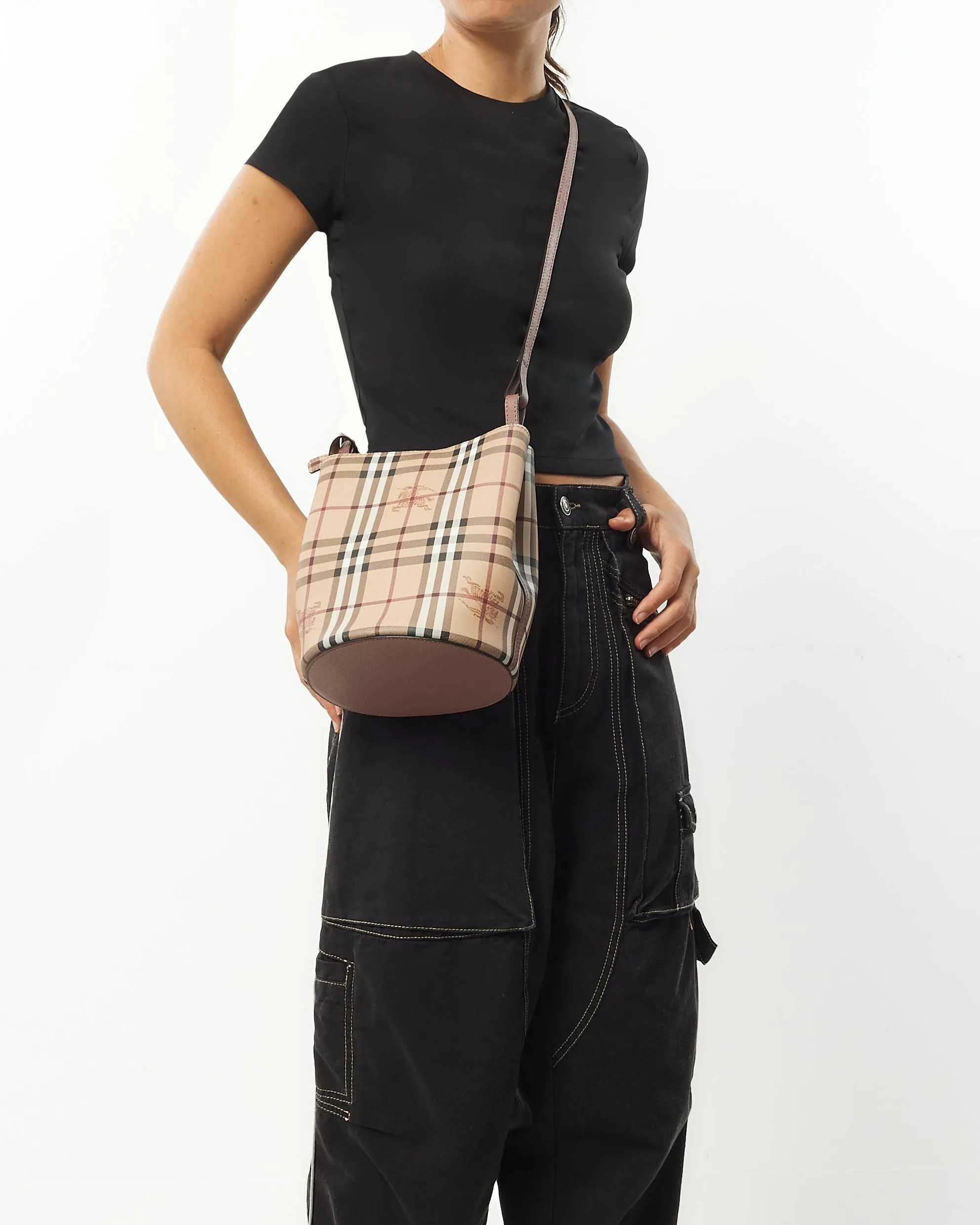 Burberry Haymarket Check Coated Canvas & Blush Small Lorne Bucket Bag