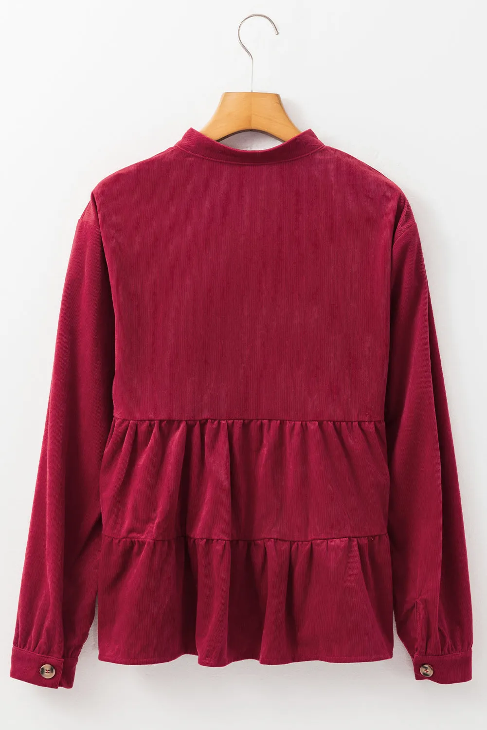 Burgundy Corduroy Ruffle Tiered Buttoned O Neck Shirt