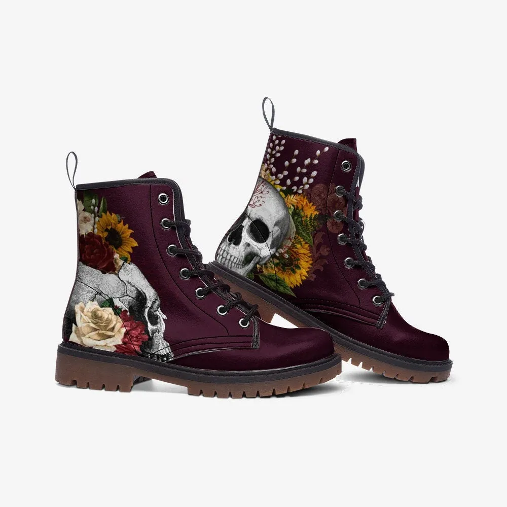 Burgundy Goth Skull With Roses Vegan Leather Unisex Boots