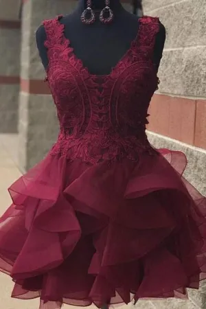 Burgundy Lace Short Homecoming Gown with Horsehair Skirt