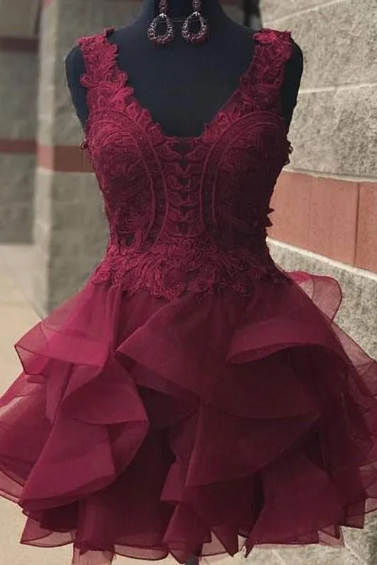 Burgundy Lace Short Homecoming Gown with Horsehair Skirt