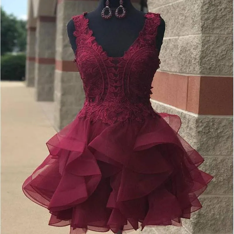 Burgundy Lace Short Homecoming Gown with Horsehair Skirt