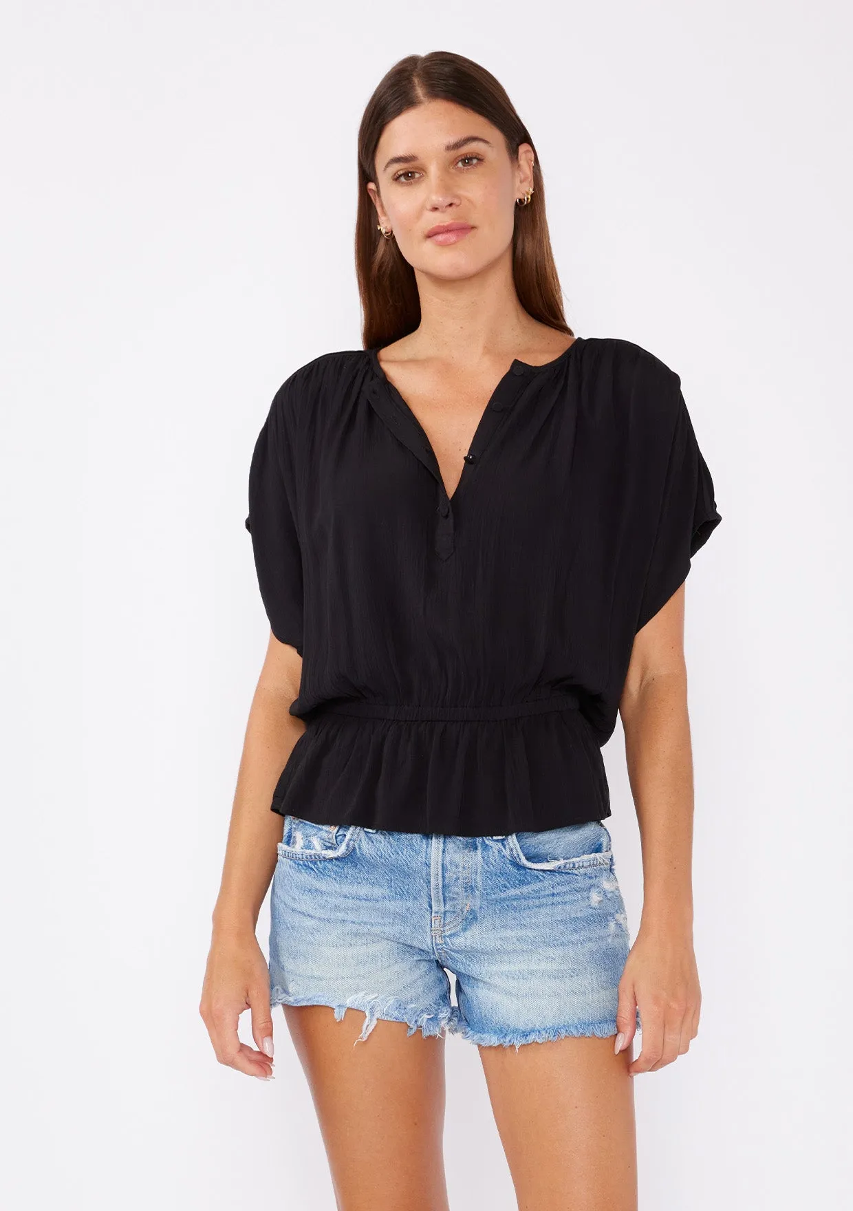 Button Front Dolman Sleeve Peplum Top