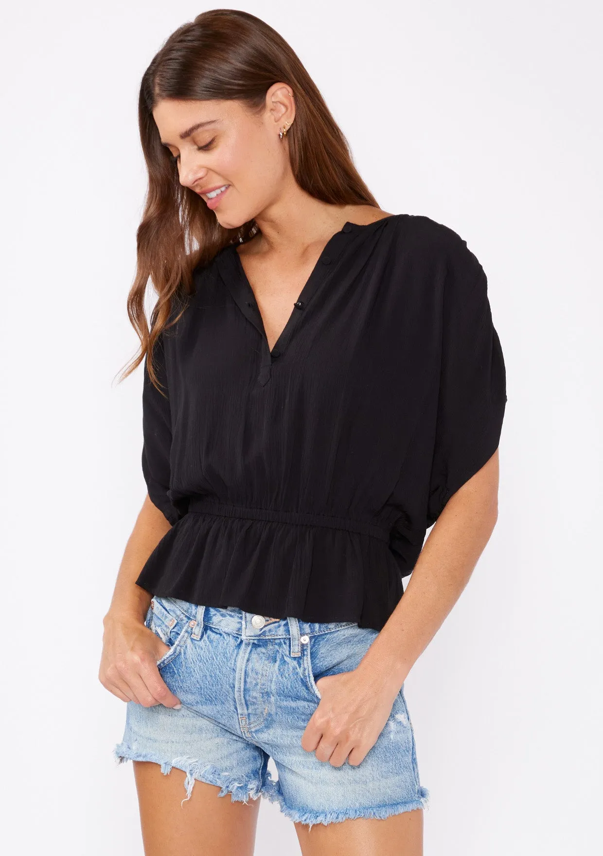 Button Front Dolman Sleeve Peplum Top