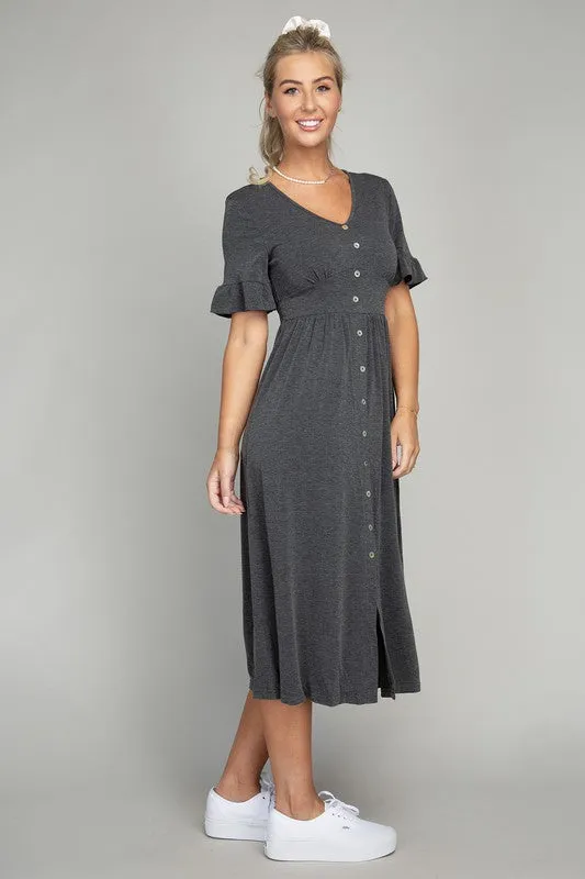 Button Trim Midi Dress