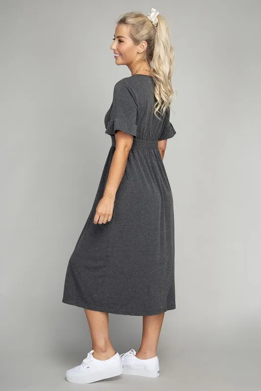 Button Trim Midi Dress