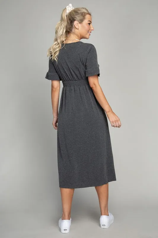Button Trim Midi Dress