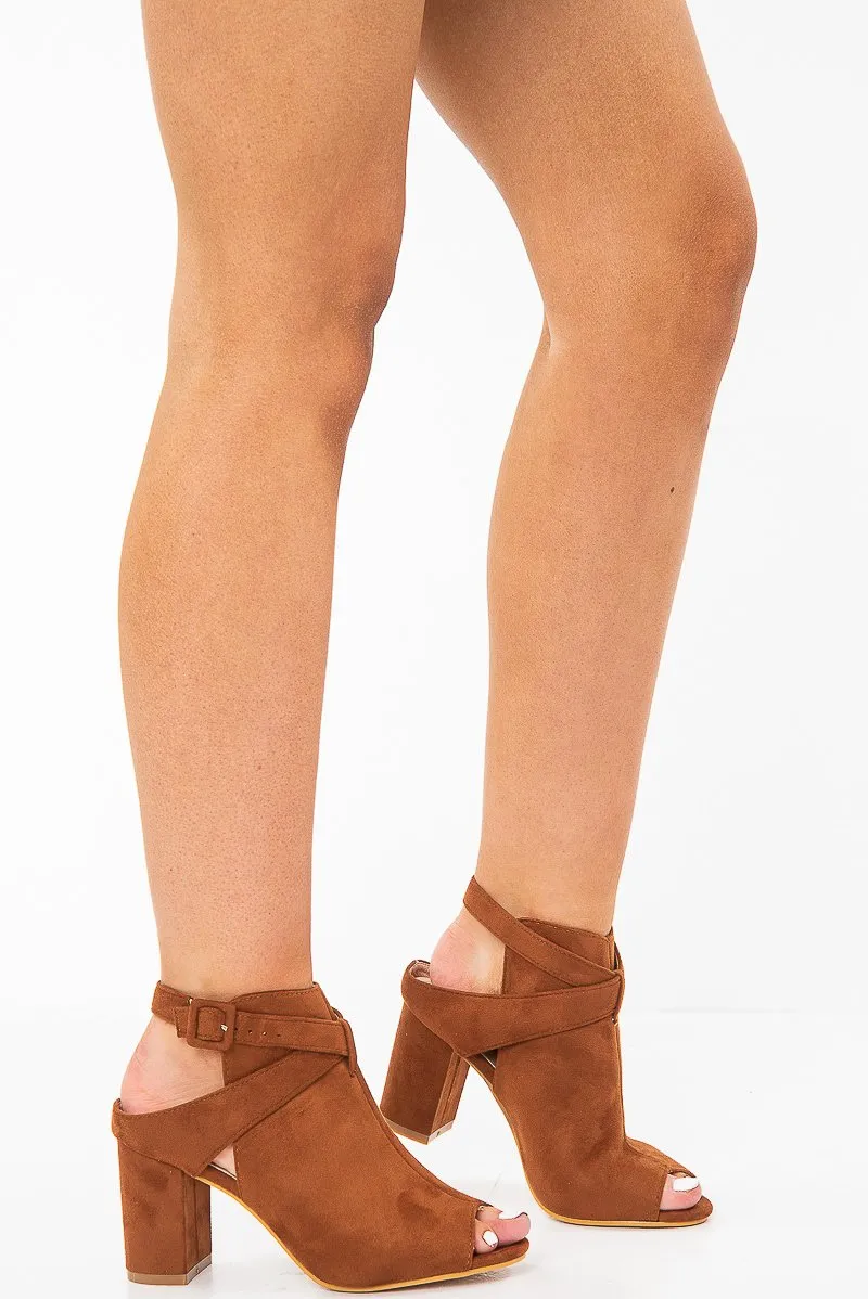 Camel Faux Suede Open Toe Block Heels - Madeline