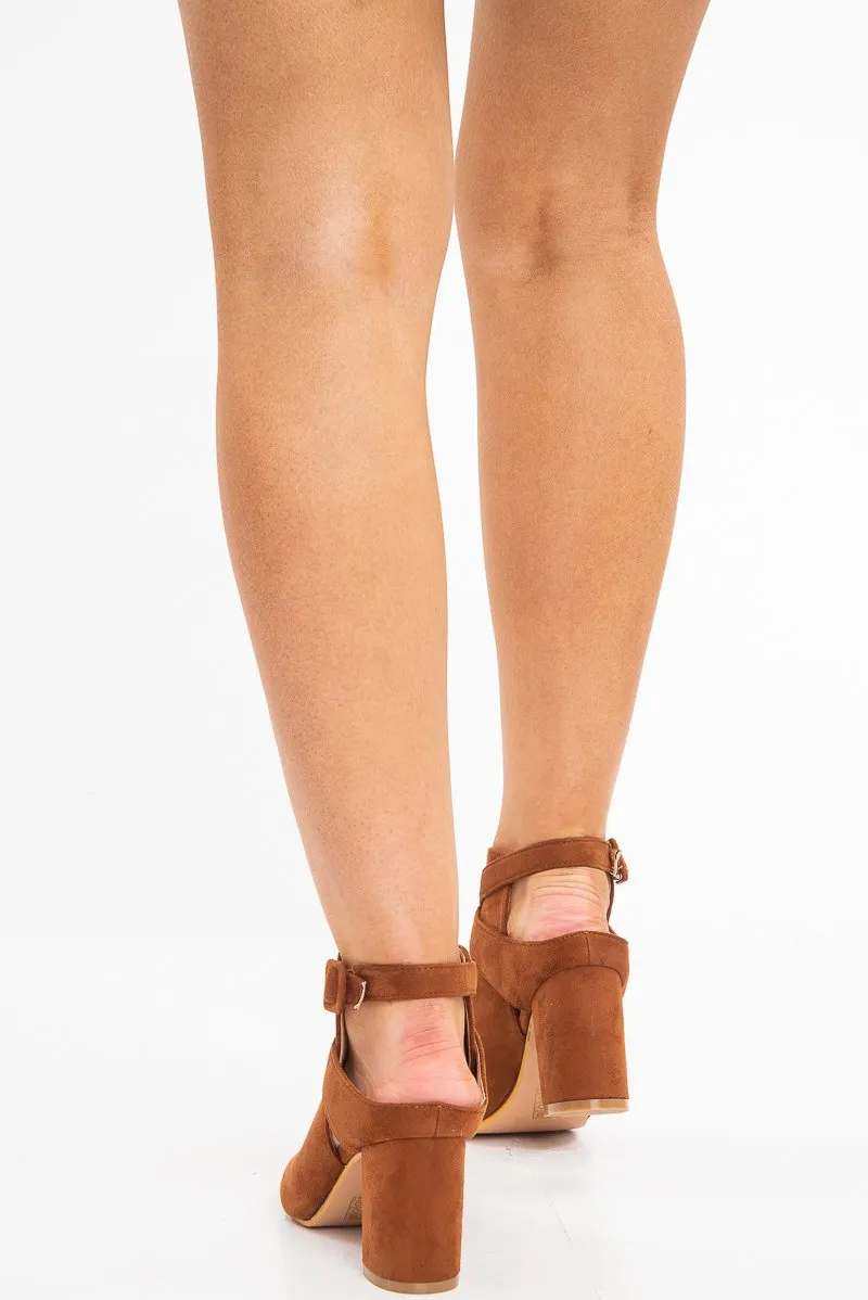Camel Faux Suede Open Toe Block Heels - Madeline