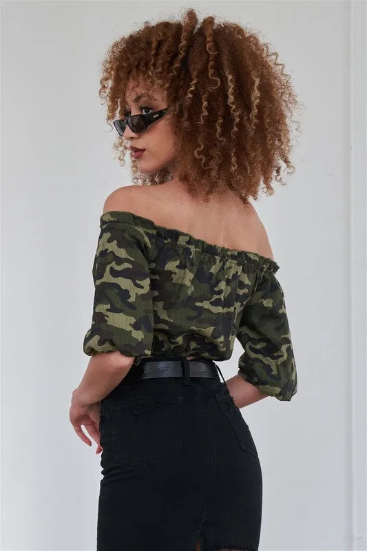 Camouflage Off The Shoulder Crop Top