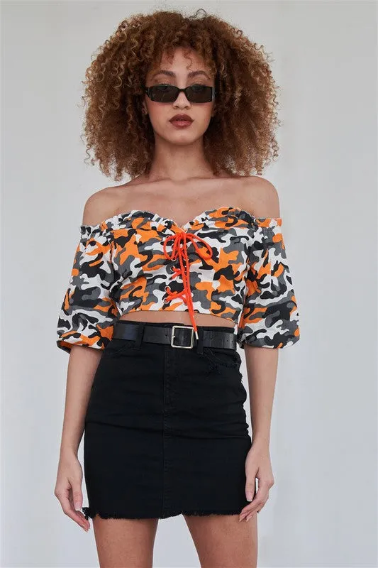 Camouflage Off The Shoulder Crop Top