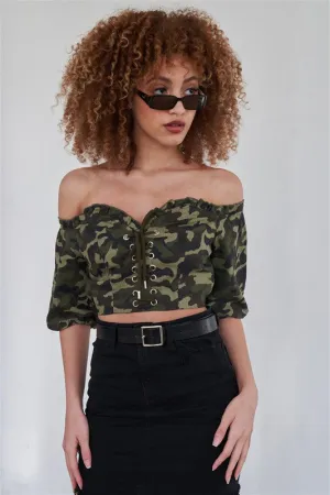 Camouflage Off The Shoulder Crop Top