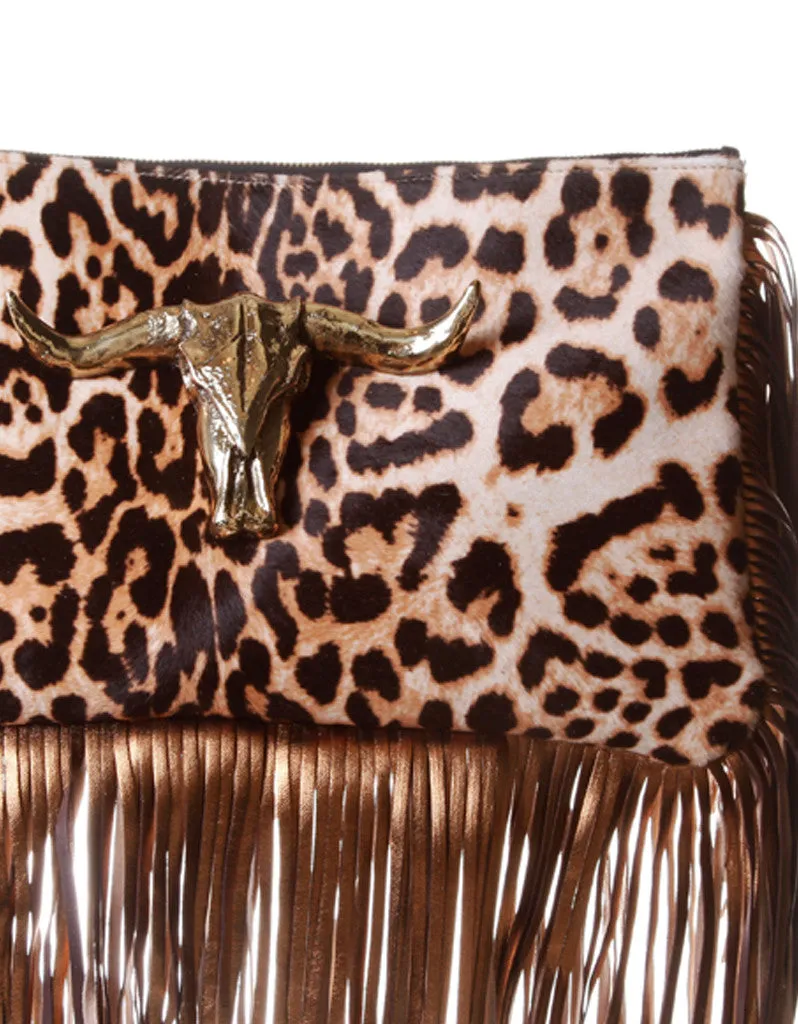 Capazonia Ceilan XL Fringe Clutch in Leopard