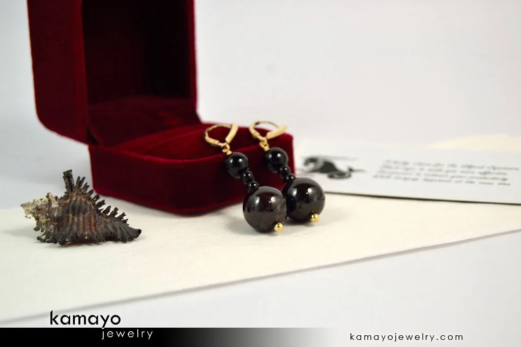 CAPRICORN EARRINGS - Large Dark Red Garnet Ball and Small Black Onyx Beads - Beaded Dangle Ear Rings for Women