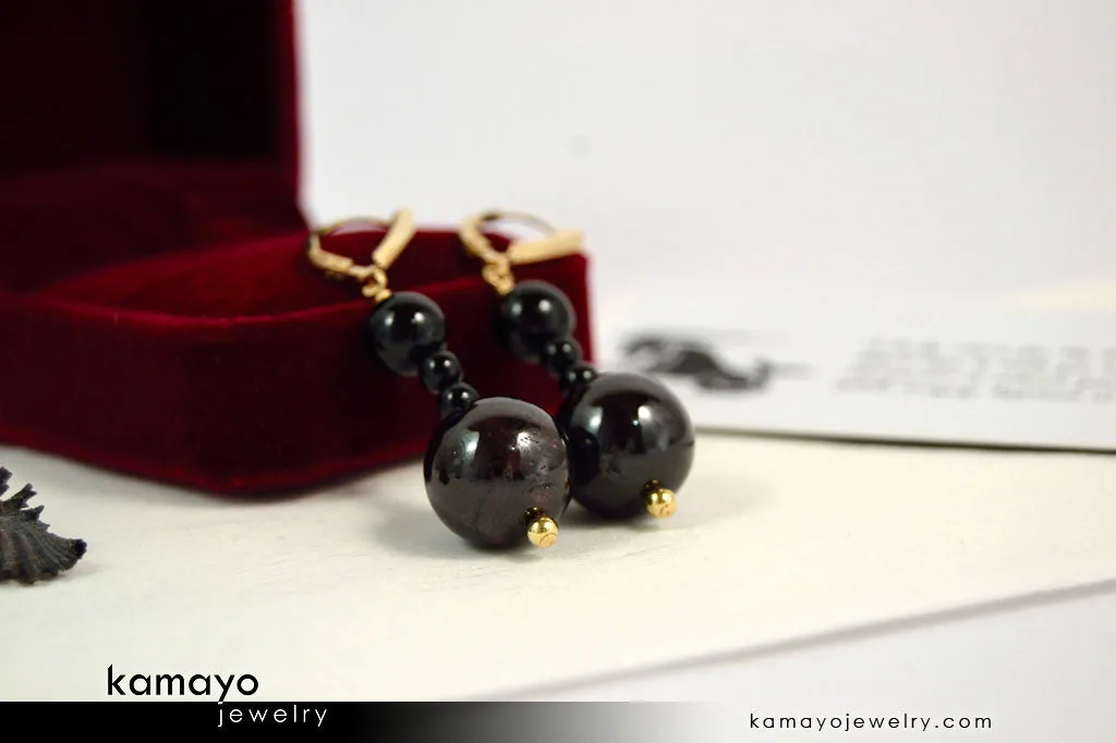 CAPRICORN EARRINGS - Large Dark Red Garnet Ball and Small Black Onyx Beads - Beaded Dangle Ear Rings for Women