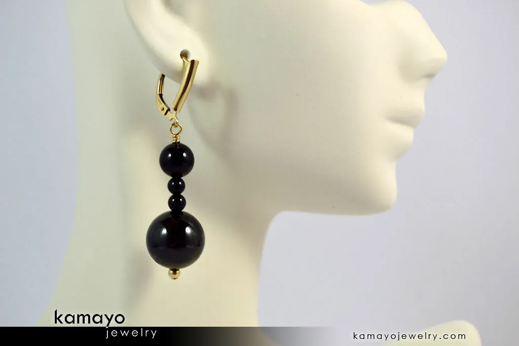 CAPRICORN EARRINGS - Large Dark Red Garnet Ball and Small Black Onyx Beads - Beaded Dangle Ear Rings for Women