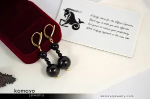 CAPRICORN EARRINGS - Large Dark Red Garnet Ball and Small Black Onyx Beads - Beaded Dangle Ear Rings for Women