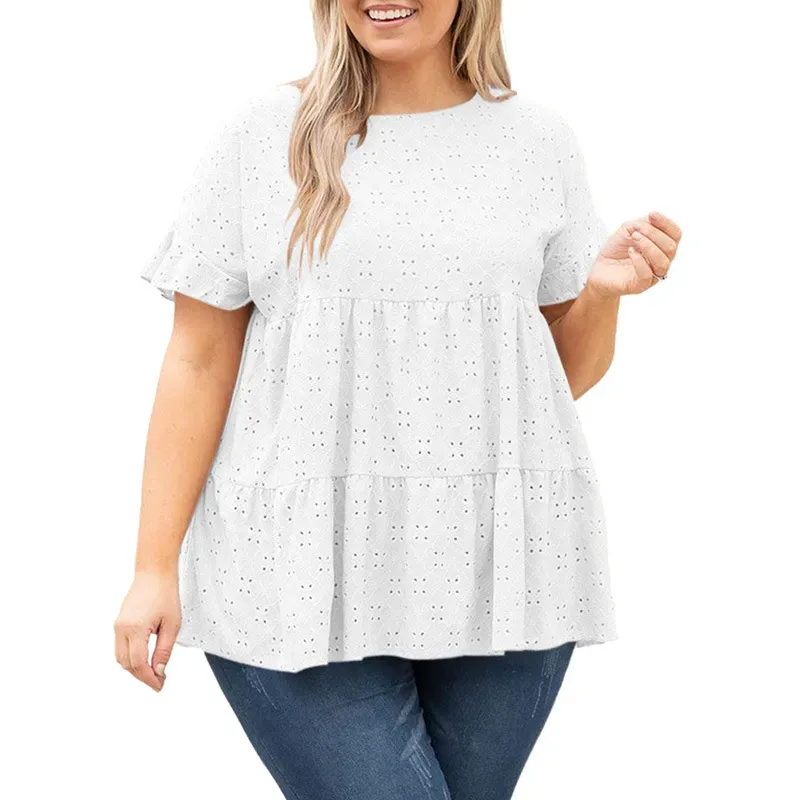 Cascade Tiered Ruffle Short Sleeve Plus Size Babydoll Top