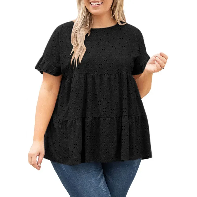 Cascade Tiered Ruffle Short Sleeve Plus Size Babydoll Top
