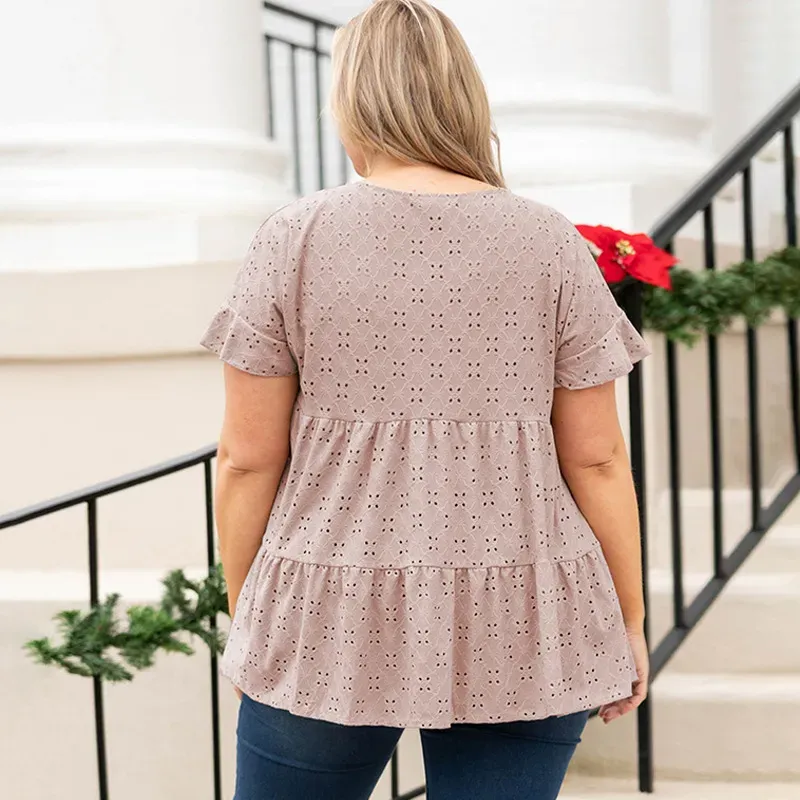 Cascade Tiered Ruffle Short Sleeve Plus Size Babydoll Top
