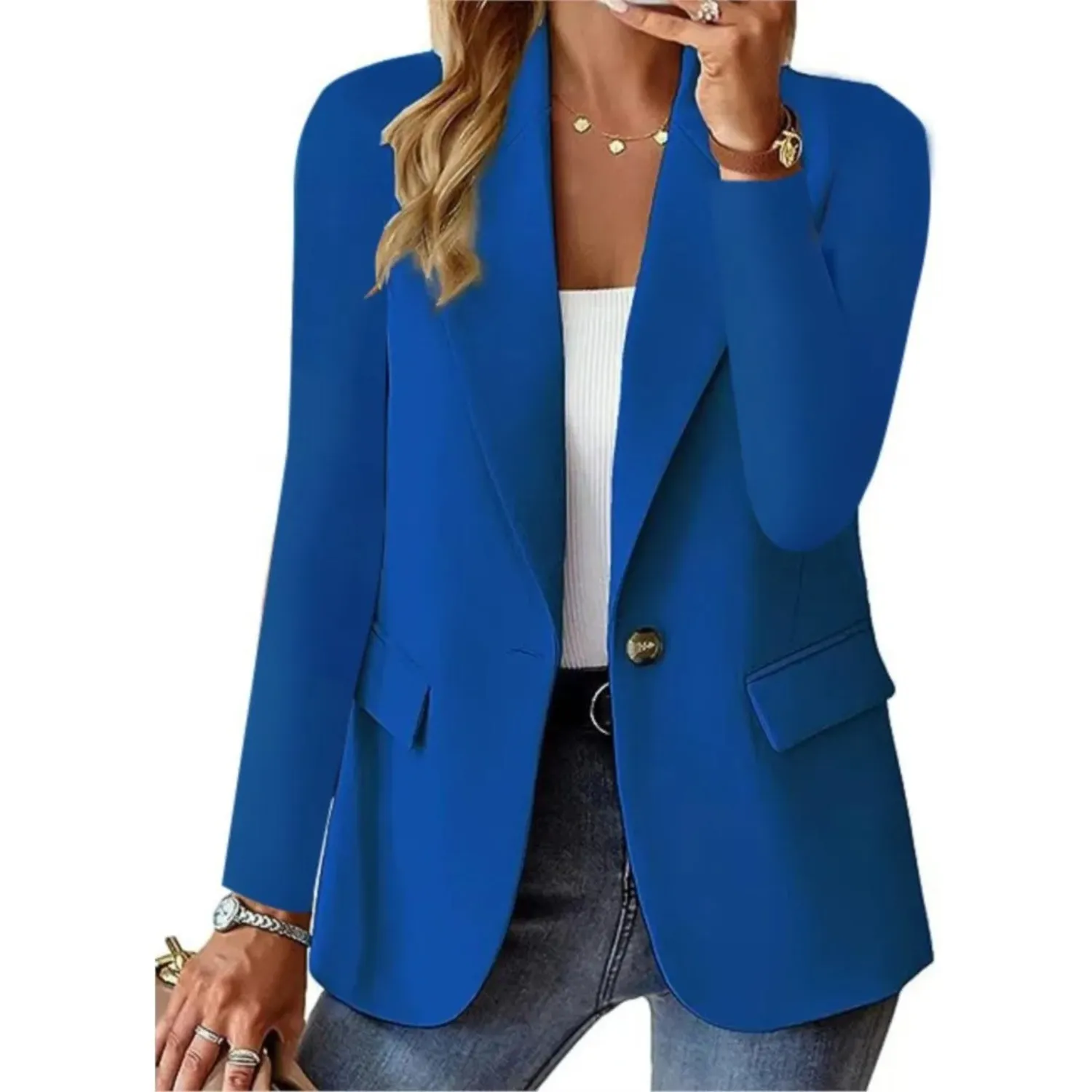 Casual solid ladies' blazer with long sleeves and narrow pocket buckle - Ideal for layering