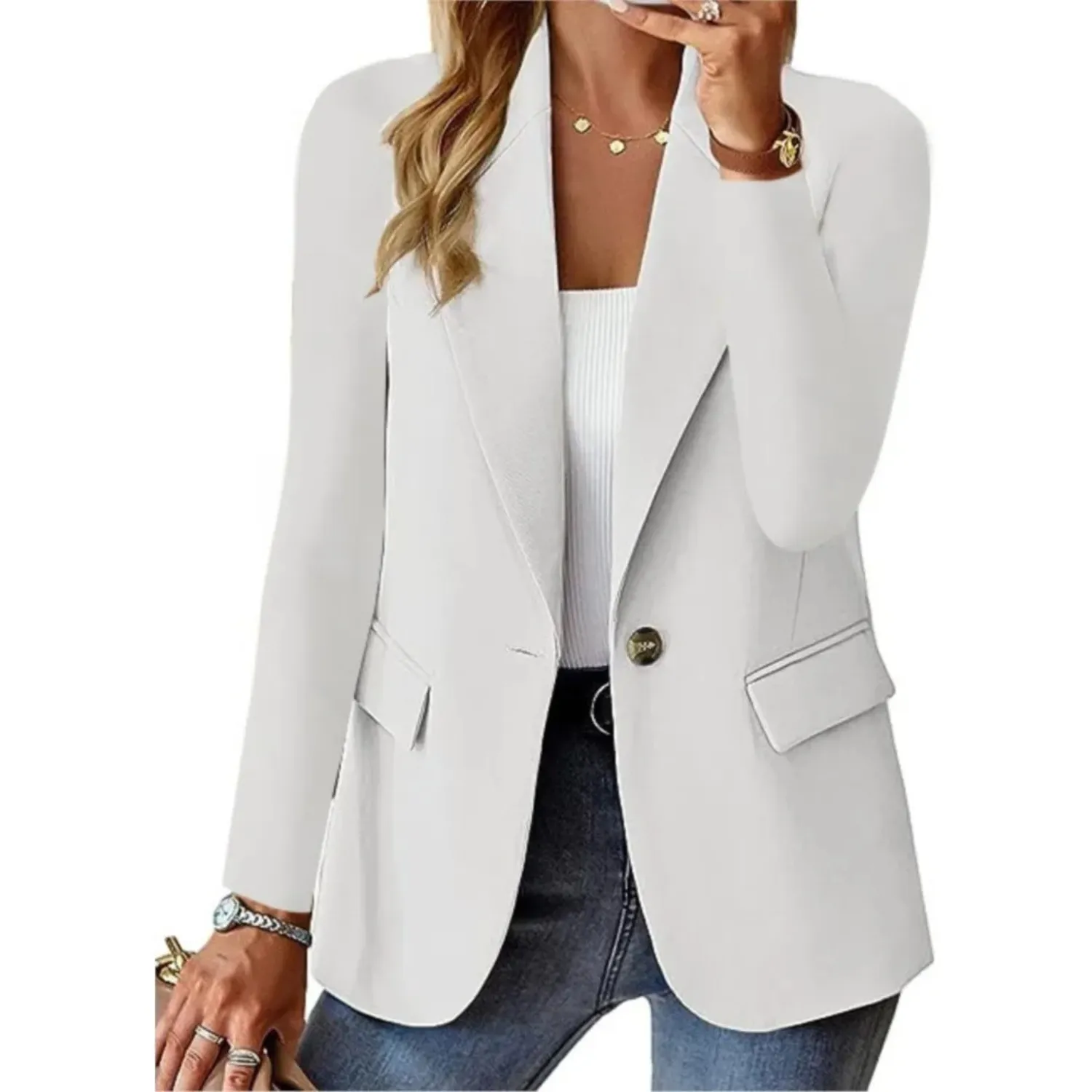 Casual solid ladies' blazer with long sleeves and narrow pocket buckle - Ideal for layering