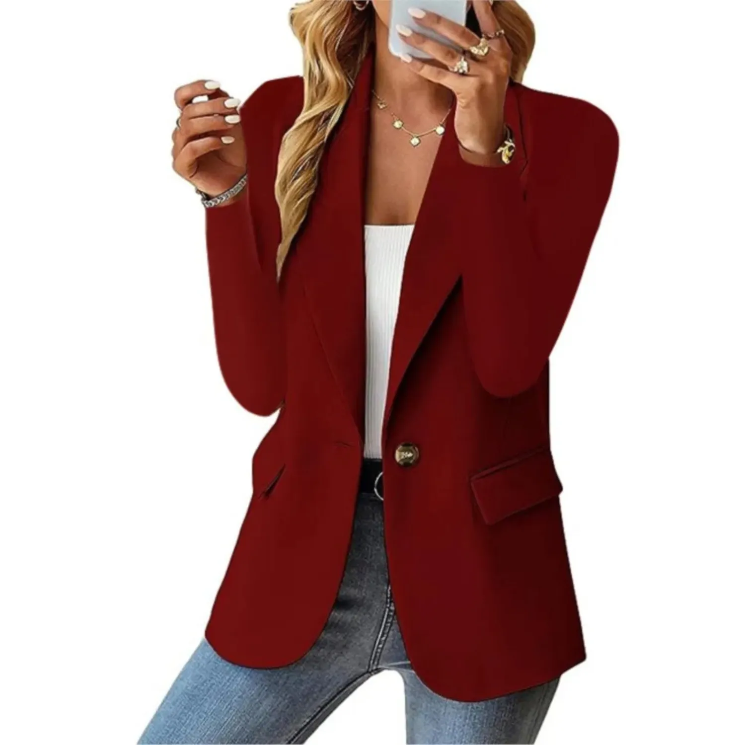 Casual solid ladies' blazer with long sleeves and narrow pocket buckle - Ideal for layering