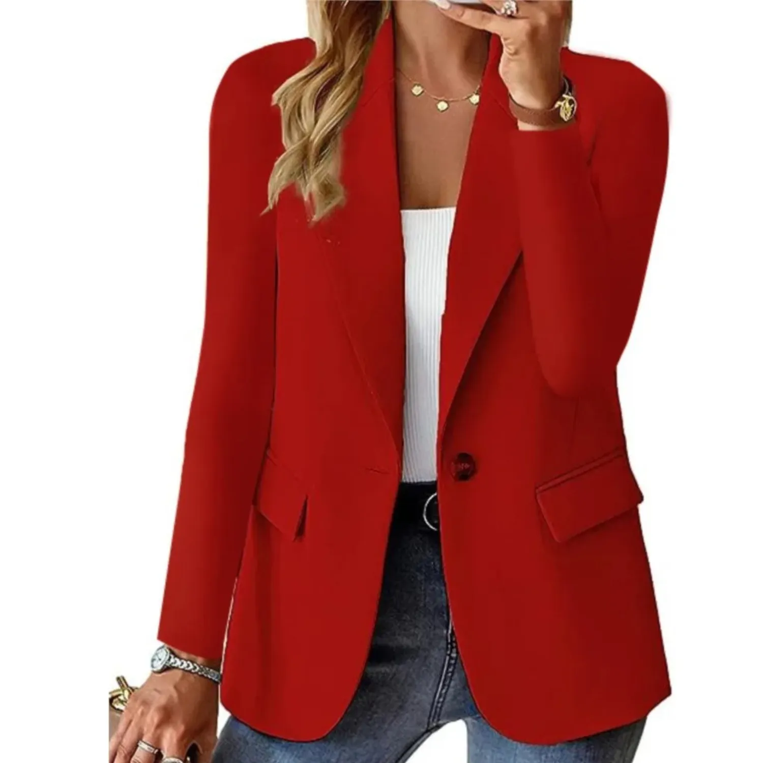 Casual solid ladies' blazer with long sleeves and narrow pocket buckle - Ideal for layering