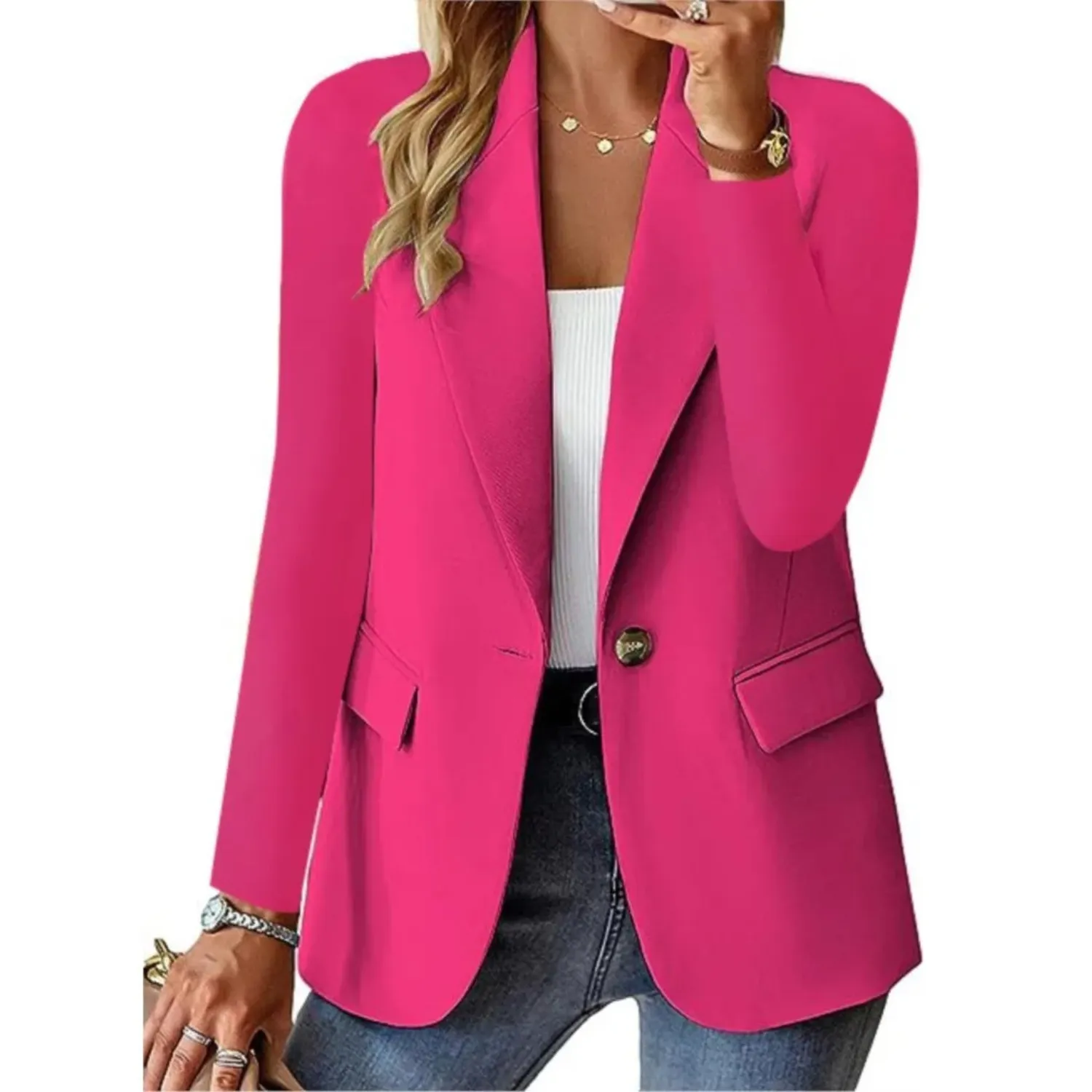 Casual solid ladies' blazer with long sleeves and narrow pocket buckle - Ideal for layering