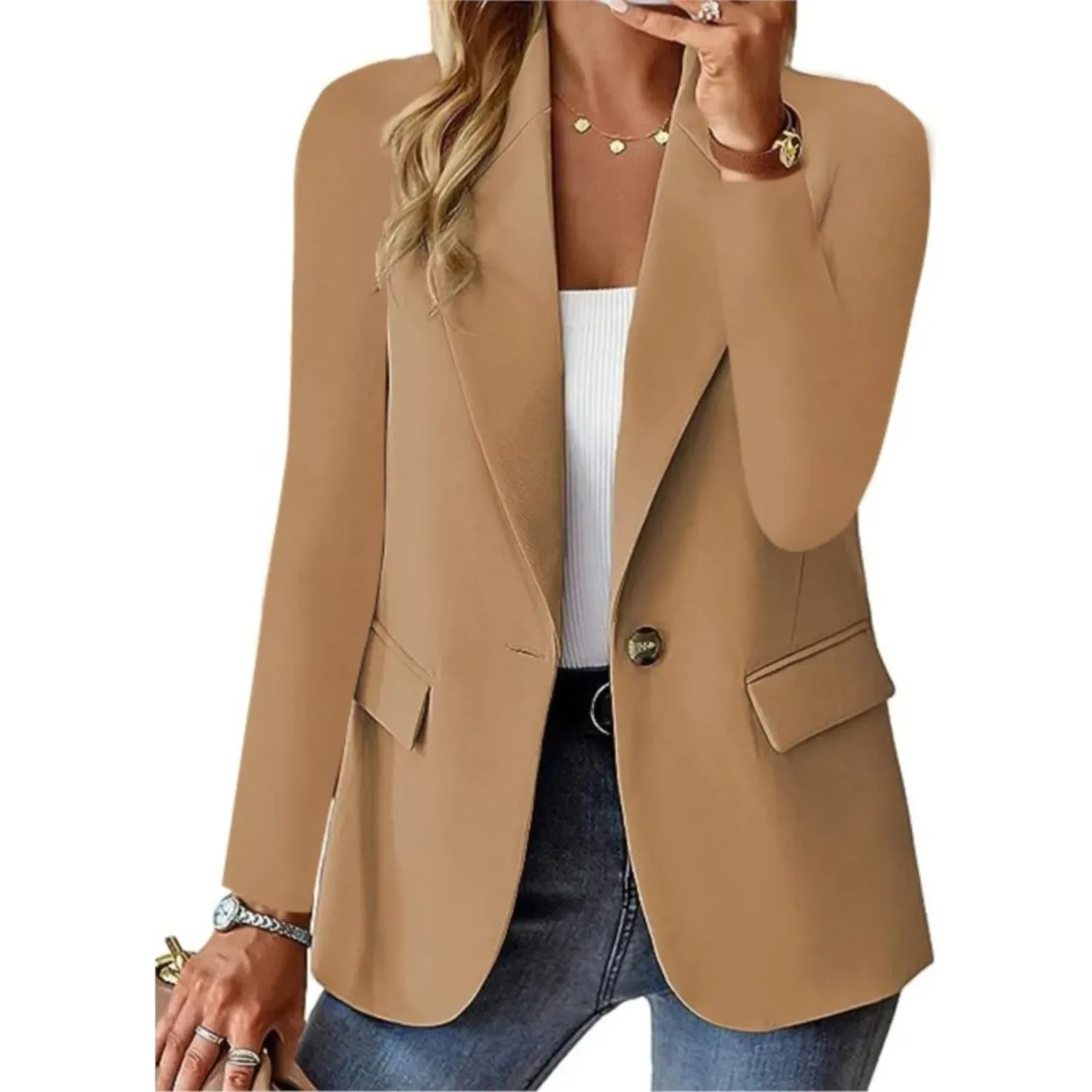 Casual solid ladies' blazer with long sleeves and narrow pocket buckle - Ideal for layering