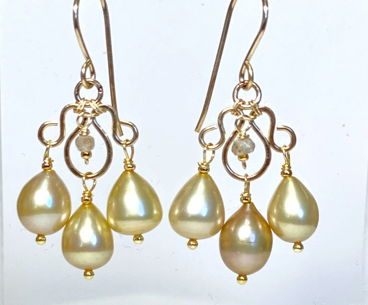 Champagne Pearl Chandelier Earrings, Gold Fill