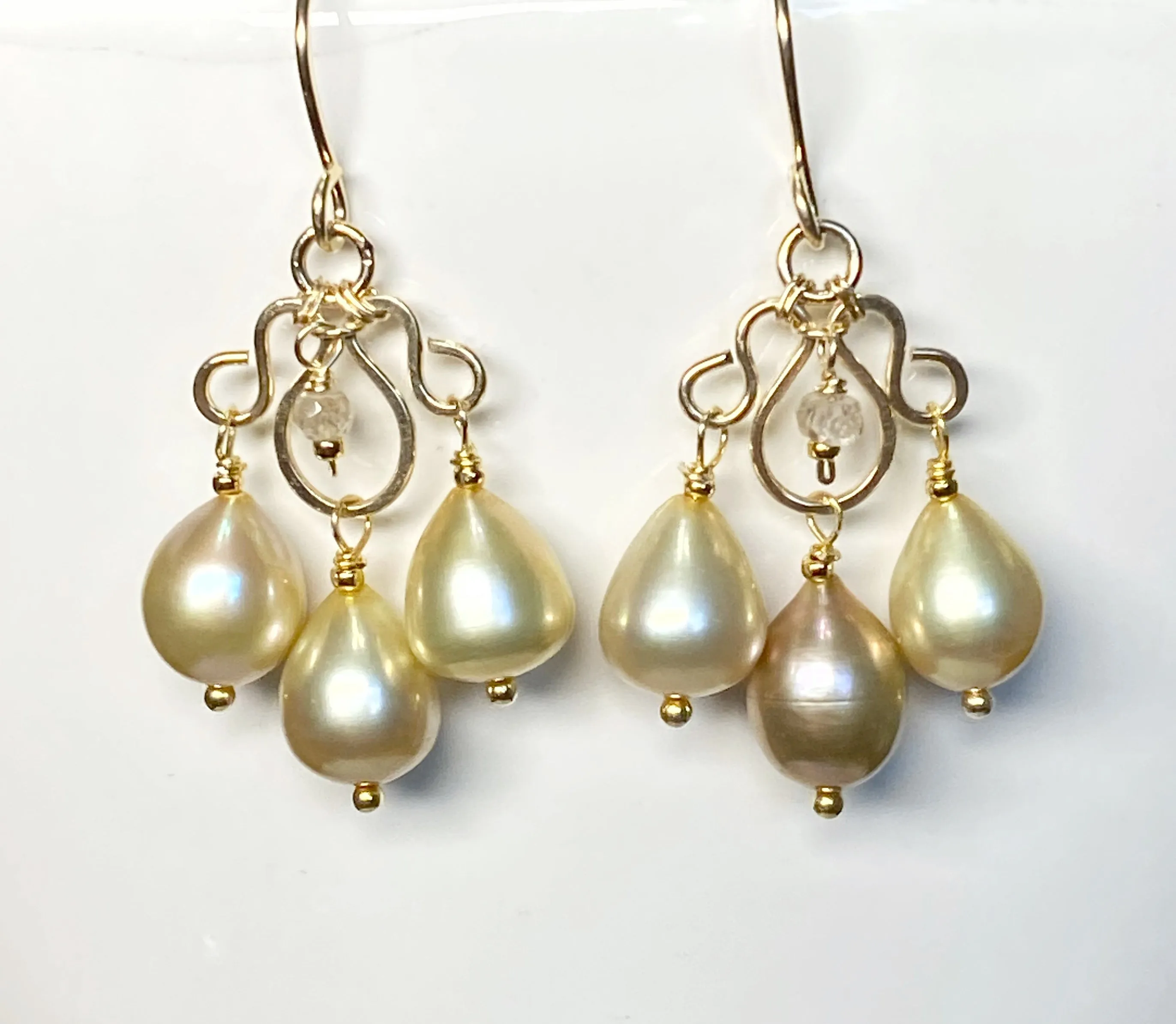 Champagne Pearl Chandelier Earrings, Gold Fill