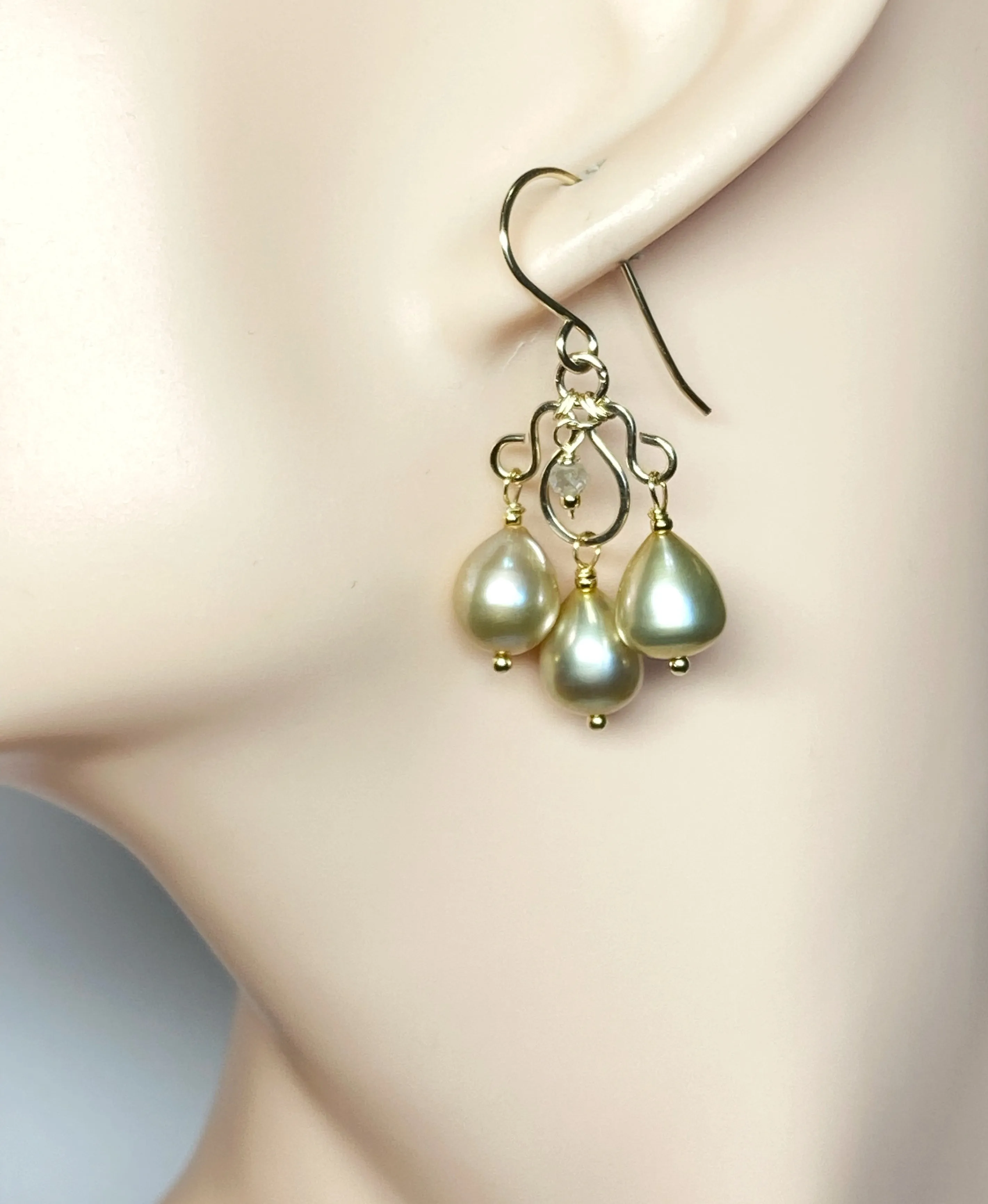 Champagne Pearl Chandelier Earrings, Gold Fill